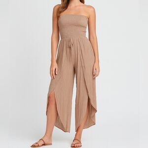 NWT Anthropologie Fantastic Fawn Jumpsuit Cropped Smocked M Beige Strapless Ope